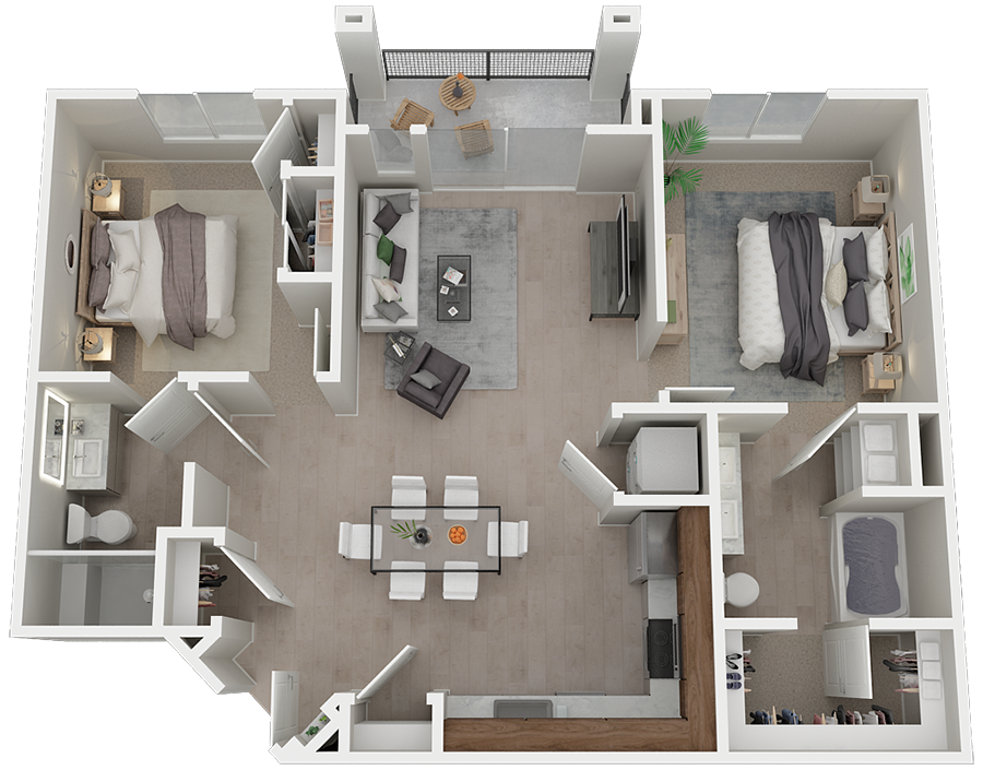 Floor plan for 2 beds, 2 baths, 1047 sqft